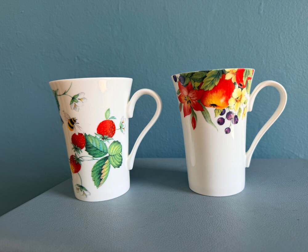 Pair Vintage Roy Kirkham Bone China Mugs Emily Alpine Strawberry  England